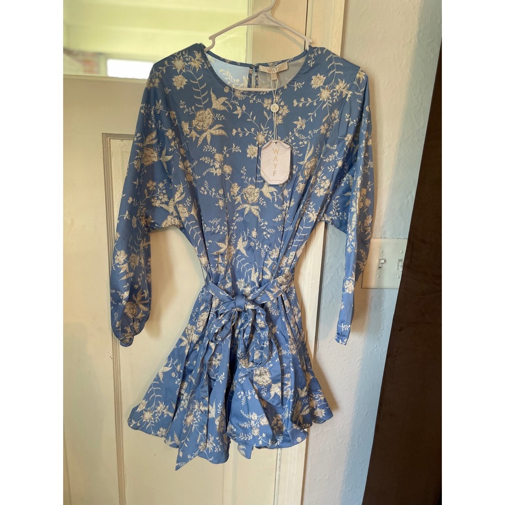 WAYF Blue Floral Toile Long Sleeve Mini Dress Tie Waist Ruffle Skirt NWT L